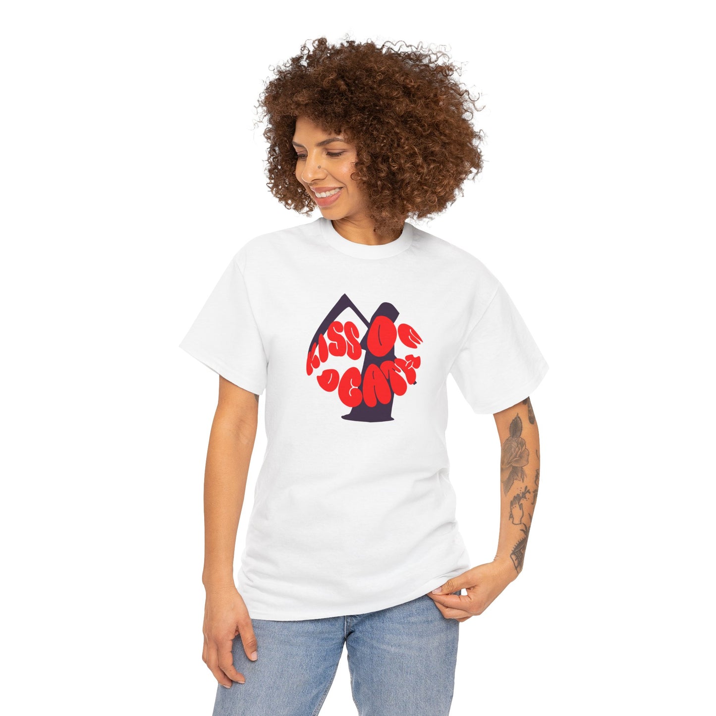 Kiss of Death Unisex Heavy Cotton Tee, Trendy Graphic T-Shirt, Casual Wear, Statement Shirt, Gothic Aesthetic, Unisex Apparel
