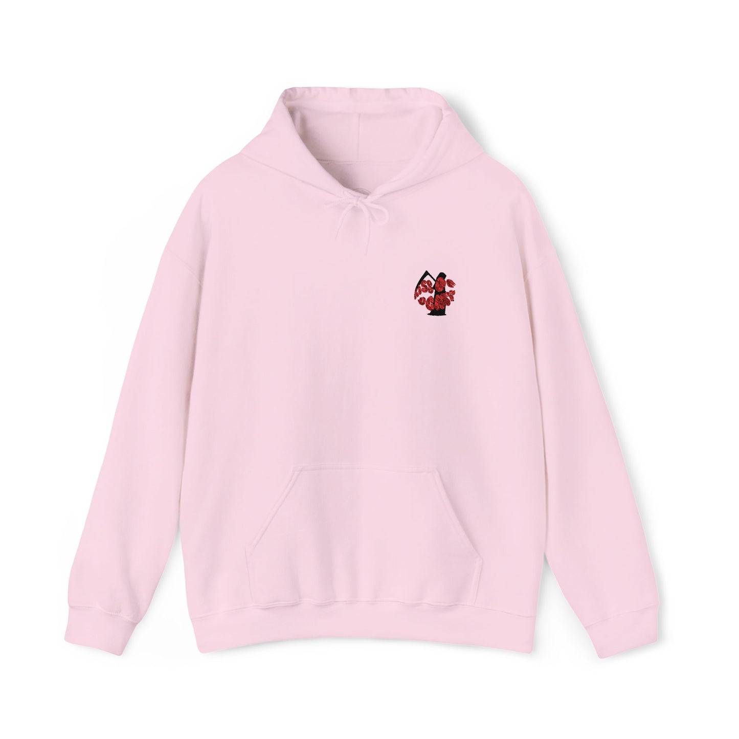Kiss of death hoodie, cool embroidery design hoodie, adjustable drawstring hood, kangaroo pouch pocket