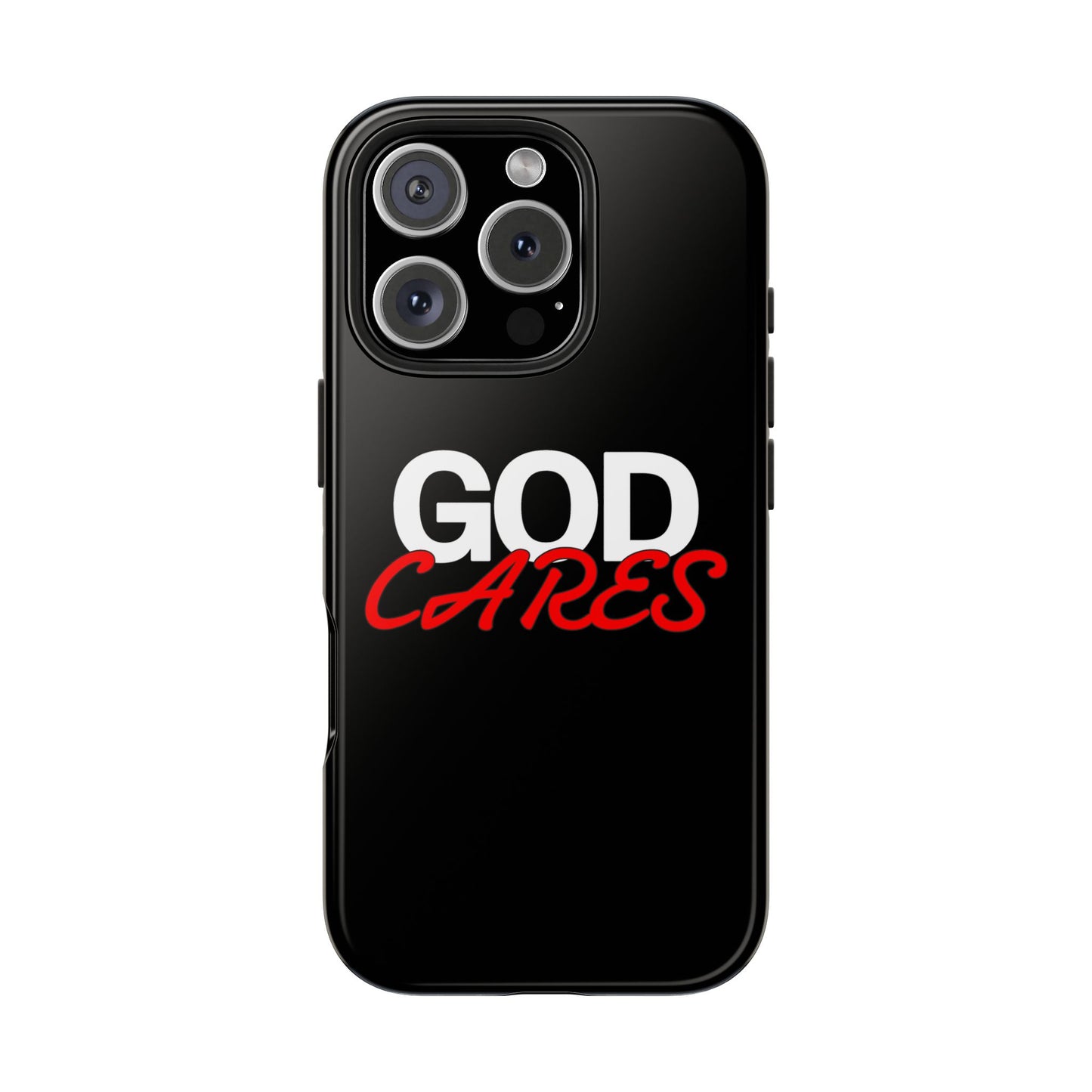 God Cares iPhone 14, 15, 16 and 17 Compatible Black Phone Case | Christian Scripture Typography, Black Red Text