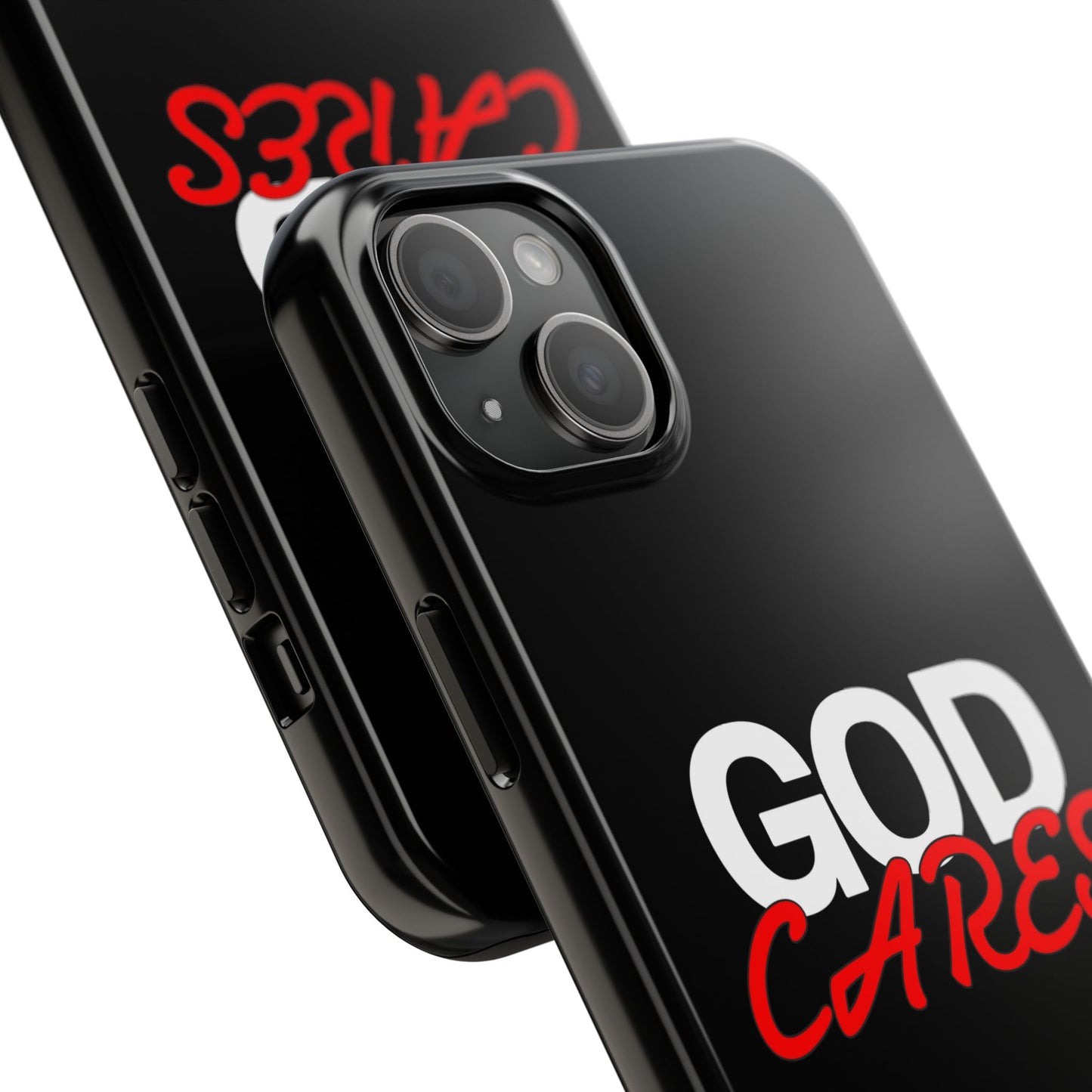 God Cares iPhone 14, 15, 16 and 17 Compatible Black Phone Case | Christian Scripture Typography, Black Red Text
