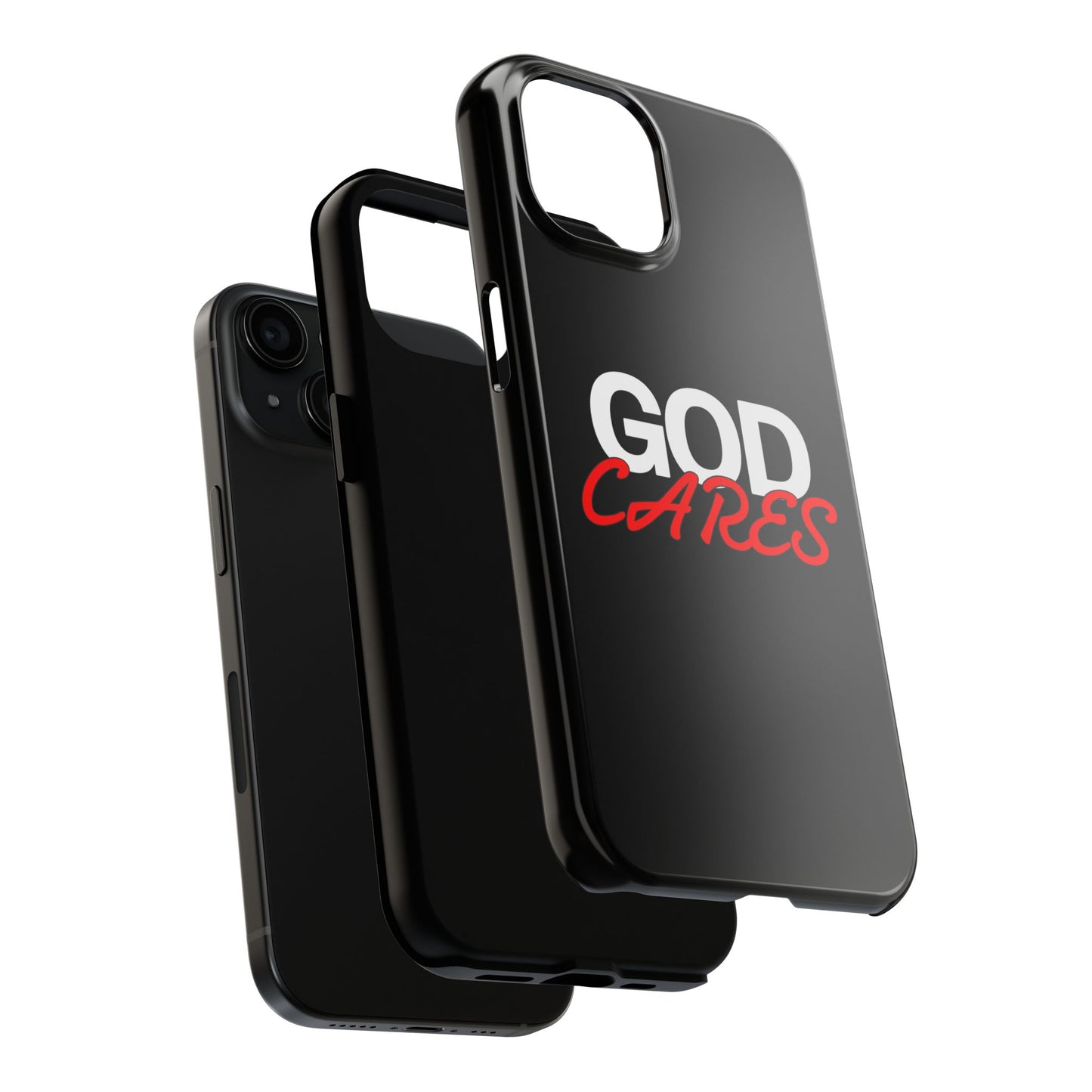 God Cares iPhone 14, 15, 16 and 17 Compatible Black Phone Case | Christian Scripture Typography, Black Red Text