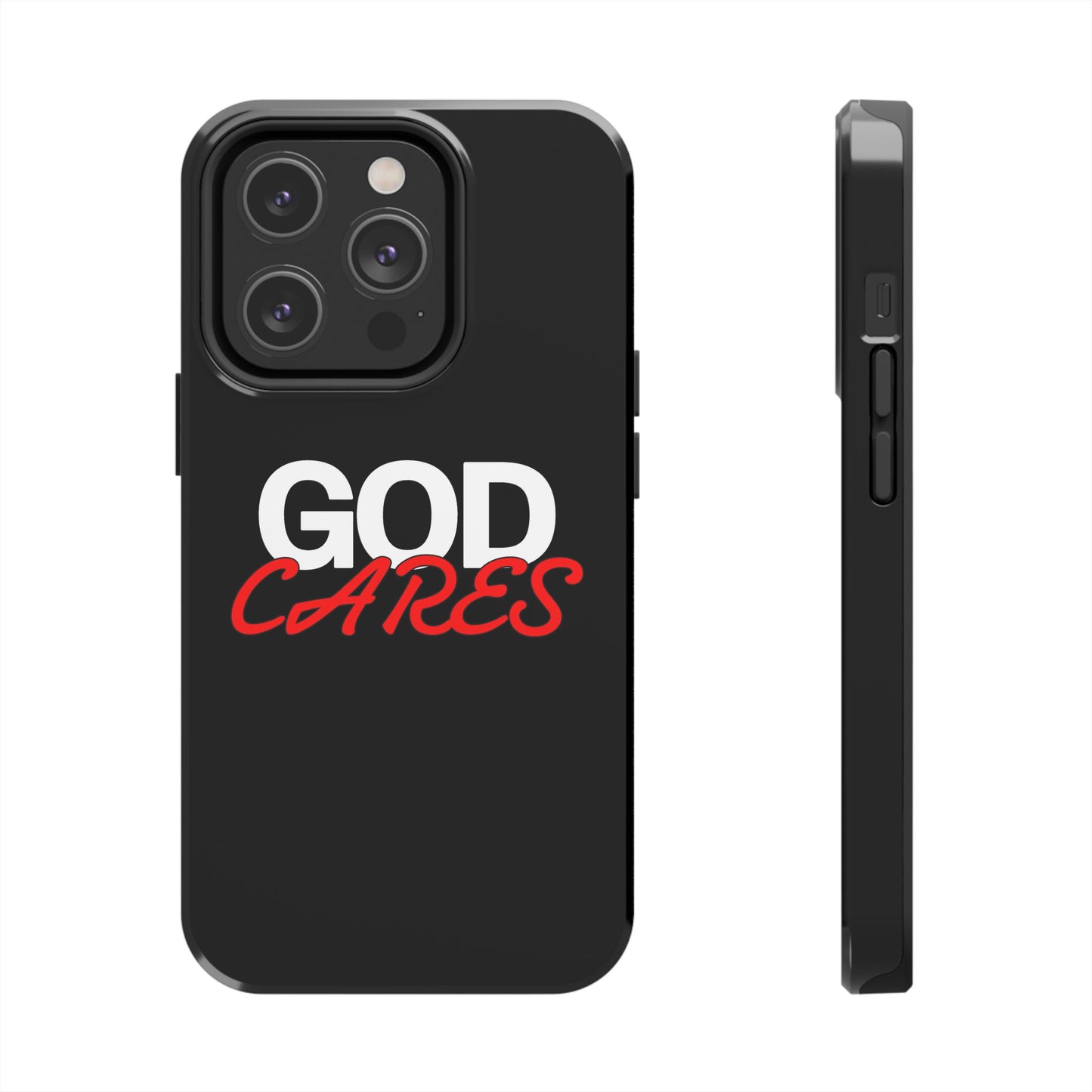 God Cares iPhone 14, 15, 16 and 17 Compatible Black Phone Case | Christian Scripture Typography, Black Red Text
