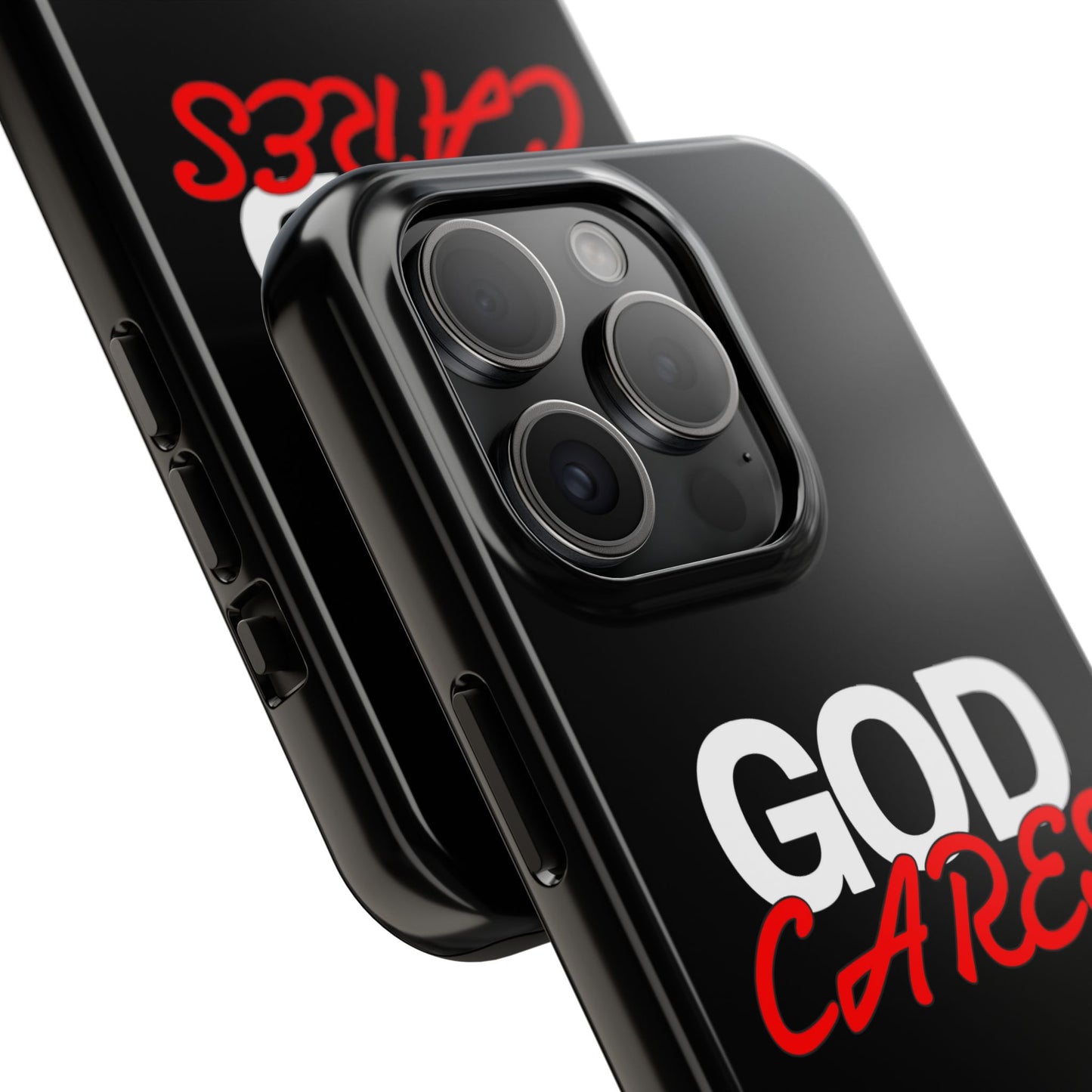 God Cares iPhone 14, 15, 16 and 17 Compatible Black Phone Case | Christian Scripture Typography, Black Red Text