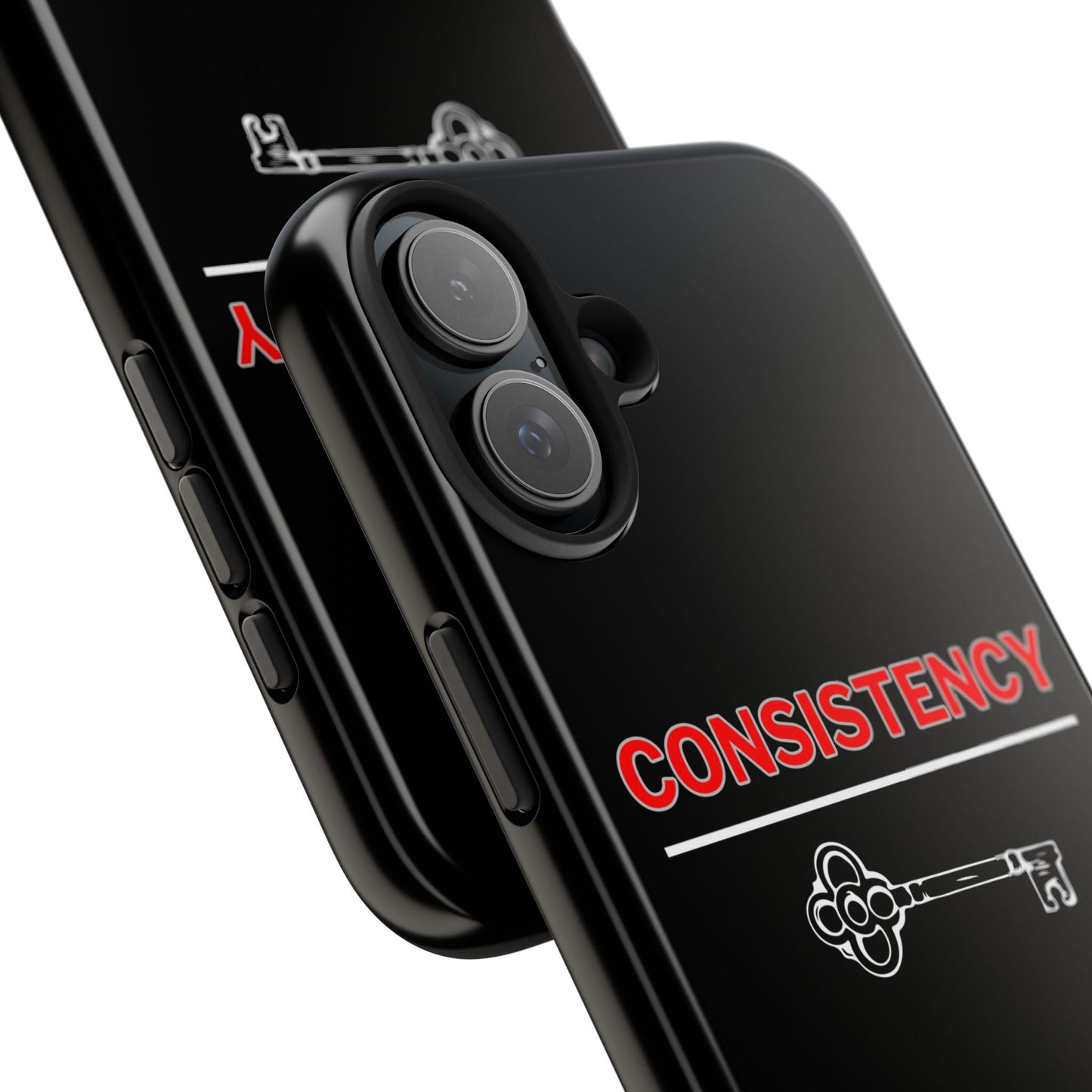Consistency Key iPhone 14, 15, 16 and 17 Compatible Black Phone Case | Motivational Quote Tough Phone Case