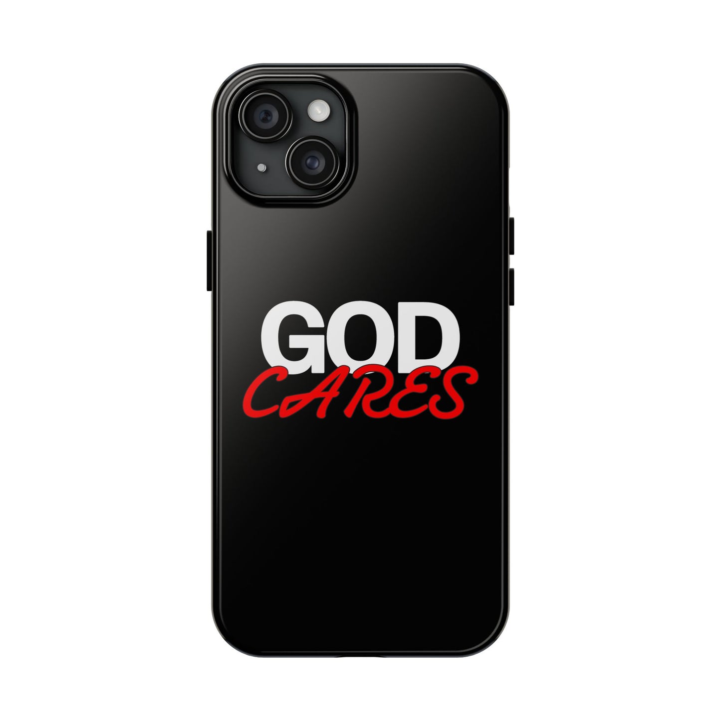 God Cares iPhone 14, 15, 16 and 17 Compatible Black Phone Case | Christian Scripture Typography, Black Red Text