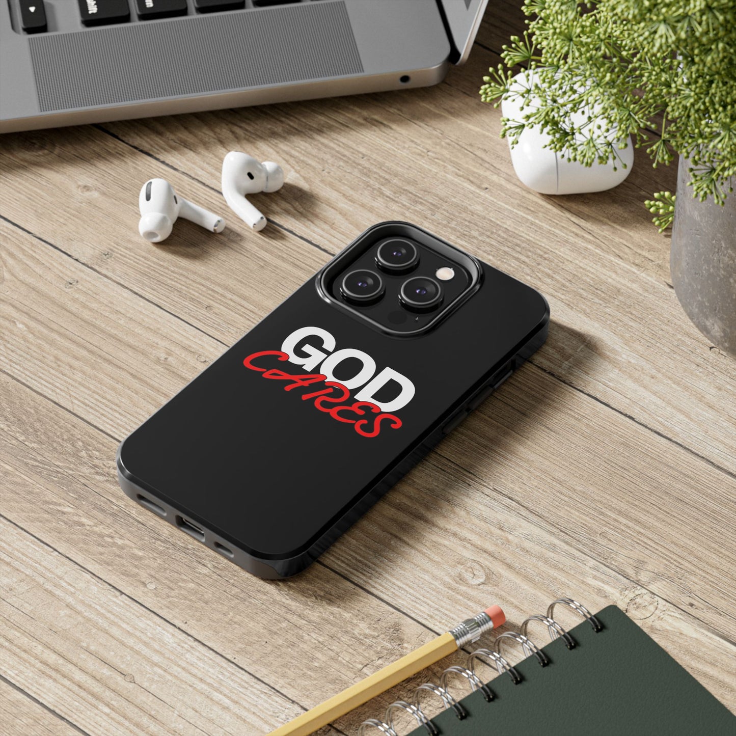God Cares iPhone 14, 15, 16 and 17 Compatible Black Phone Case | Christian Scripture Typography, Black Red Text