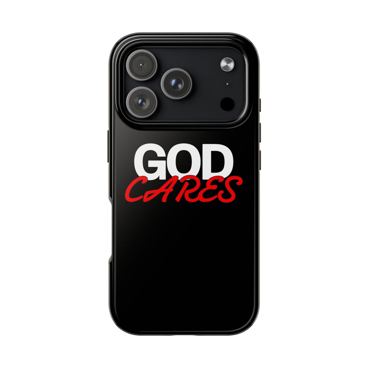 God Cares iPhone 14, 15, 16 and 17 Compatible Black Phone Case | Christian Scripture Typography, Black Red Text