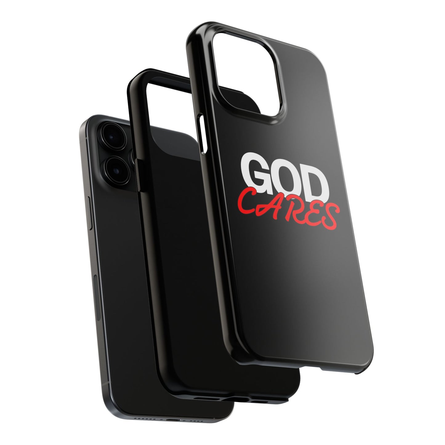 God Cares iPhone 14, 15, 16 and 17 Compatible Black Phone Case | Christian Scripture Typography, Black Red Text
