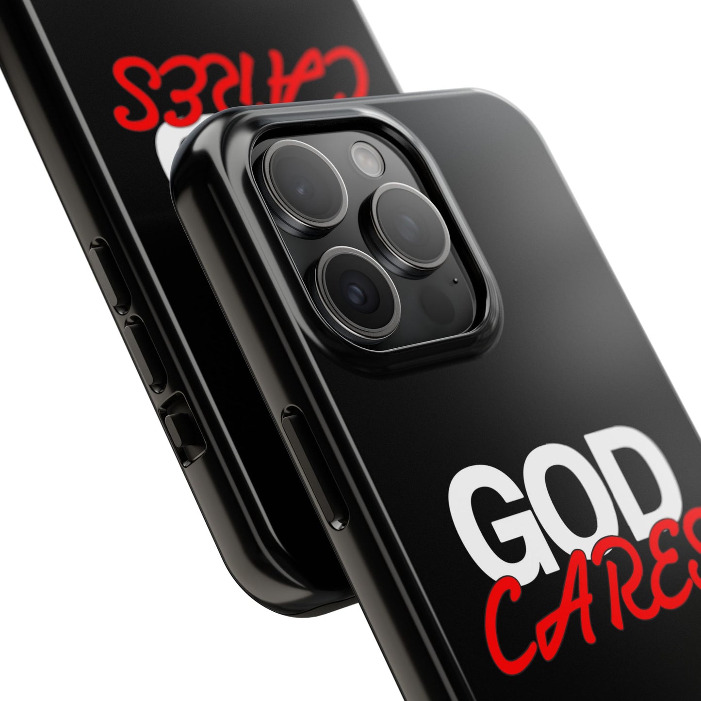 God Cares iPhone 14, 15, 16 and 17 Compatible Black Phone Case | Christian Scripture Typography, Black Red Text