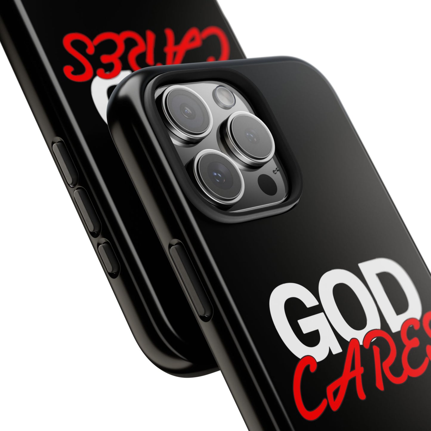 God Cares iPhone 14, 15, 16 and 17 Compatible Black Phone Case | Christian Scripture Typography, Black Red Text