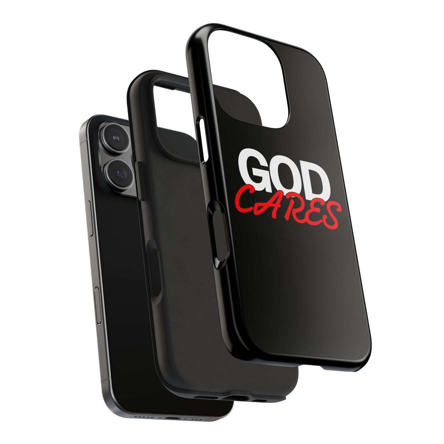 God Cares iPhone 14, 15, 16 and 17 Compatible Black Phone Case | Christian Scripture Typography, Black Red Text