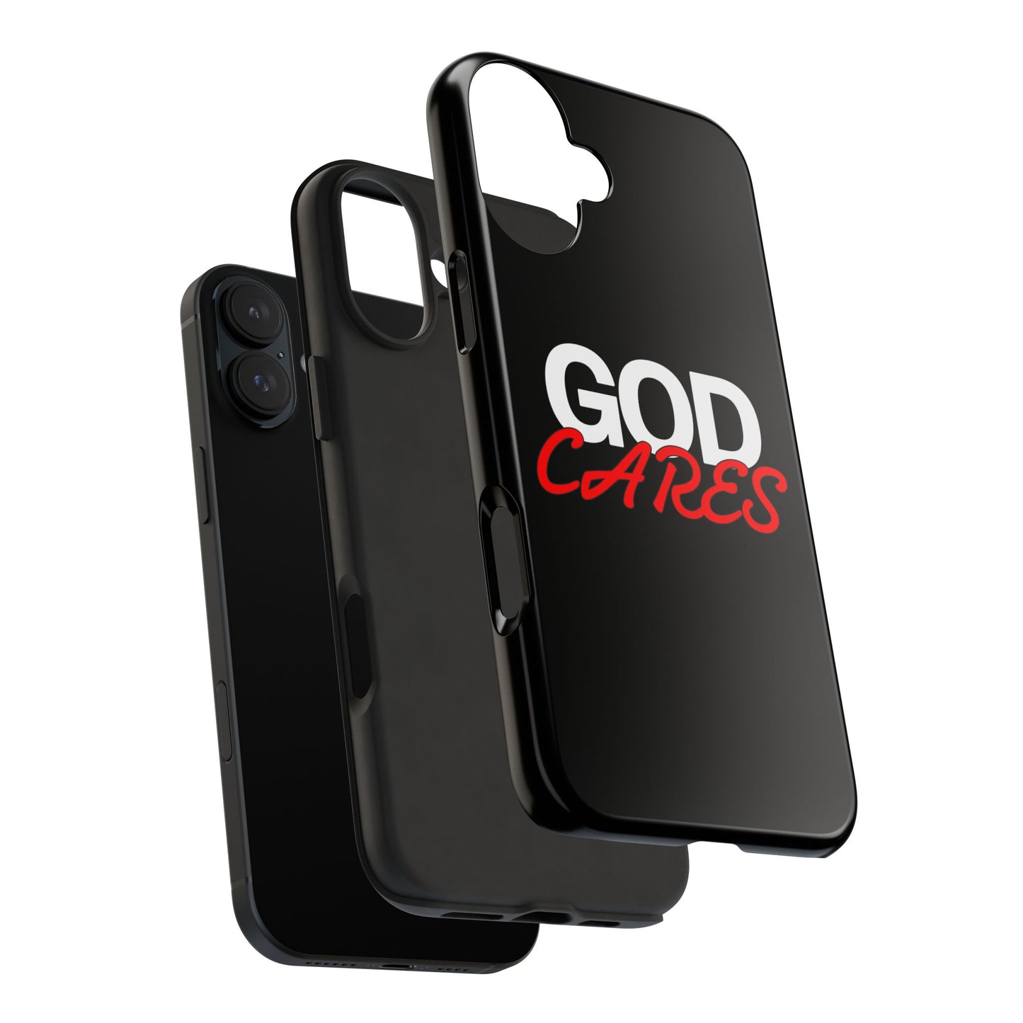God Cares iPhone 14, 15, 16 and 17 Compatible Black Phone Case | Christian Scripture Typography, Black Red Text