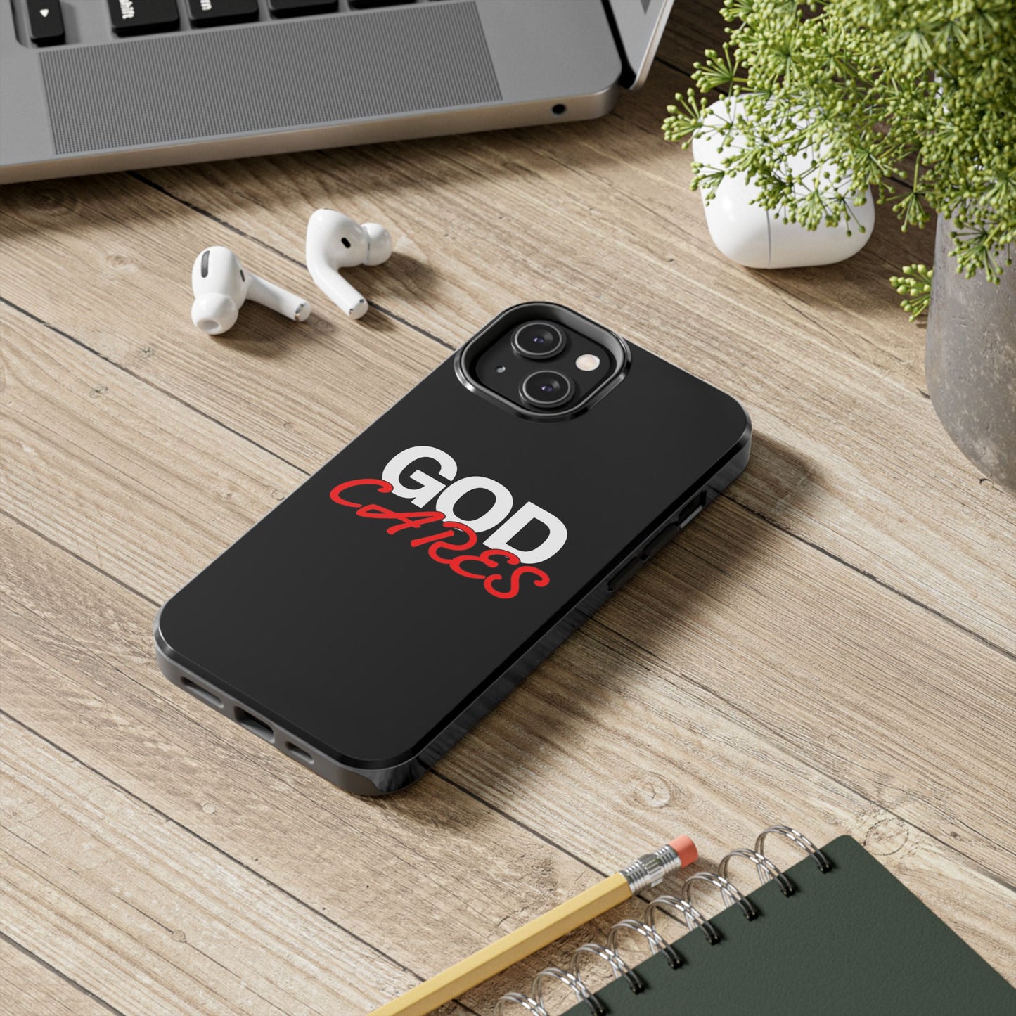 God Cares iPhone 14, 15, 16 and 17 Compatible Black Phone Case | Christian Scripture Typography, Black Red Text