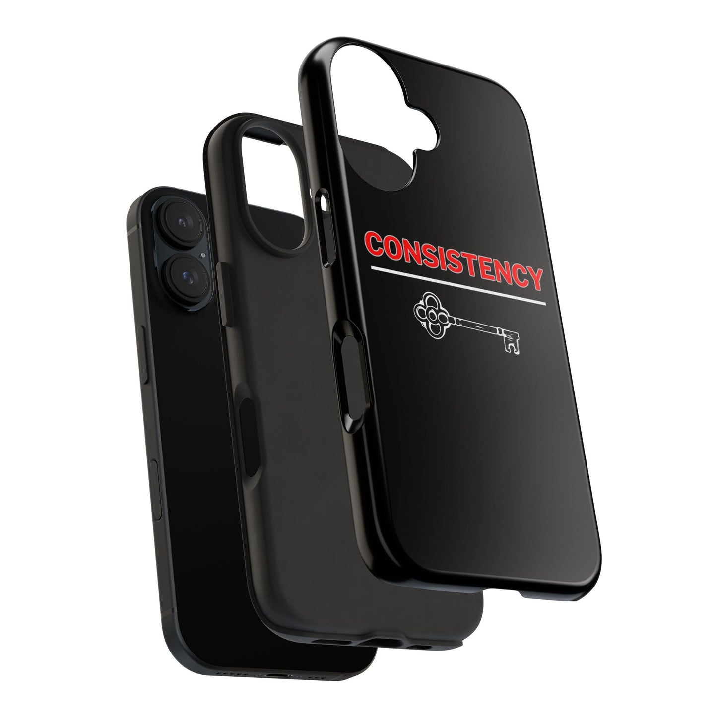 Consistency Key iPhone 14, 15, 16 and 17 Compatible Black Phone Case | Motivational Quote Tough Phone Case