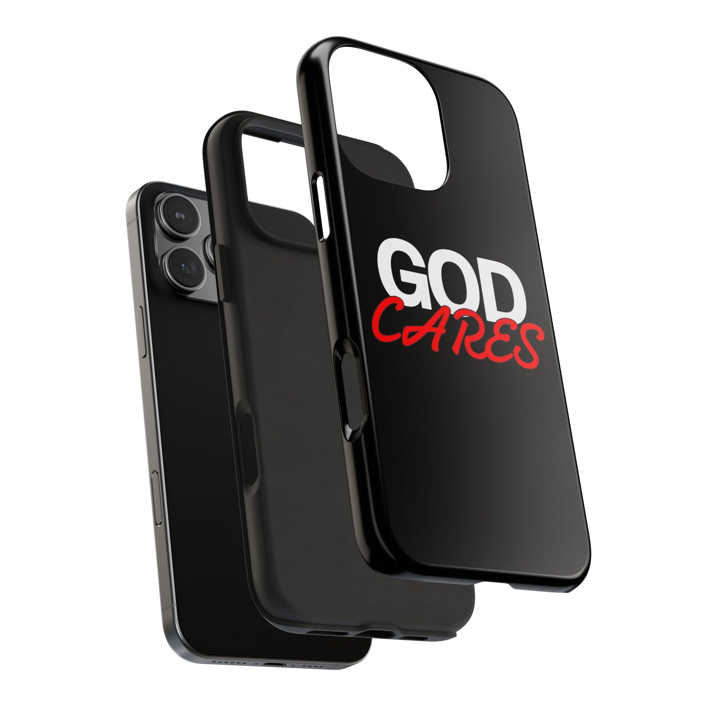 God Cares iPhone 14, 15, 16 and 17 Compatible Black Phone Case | Christian Scripture Typography, Black Red Text