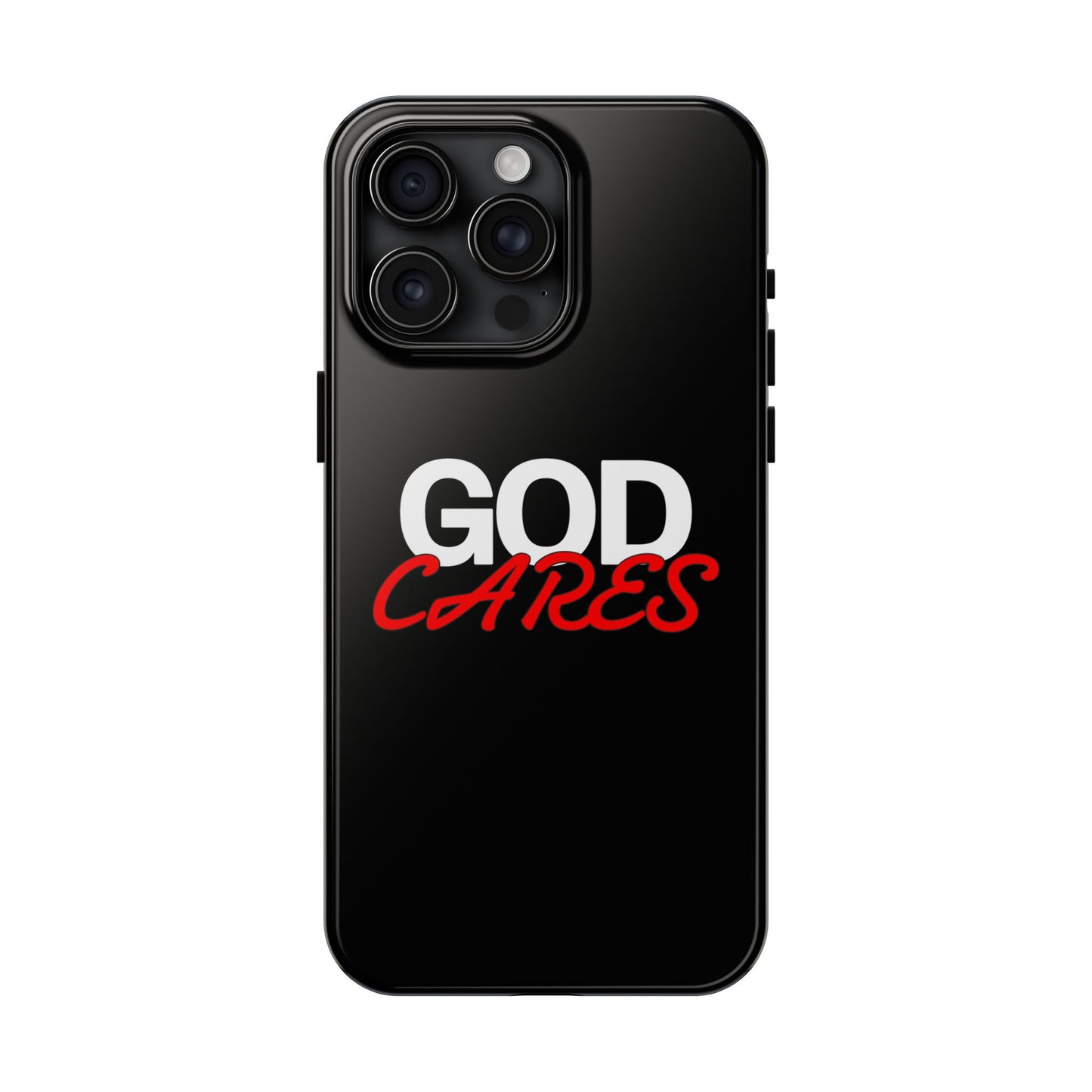 God Cares iPhone 14, 15, 16 and 17 Compatible Black Phone Case | Christian Scripture Typography, Black Red Text