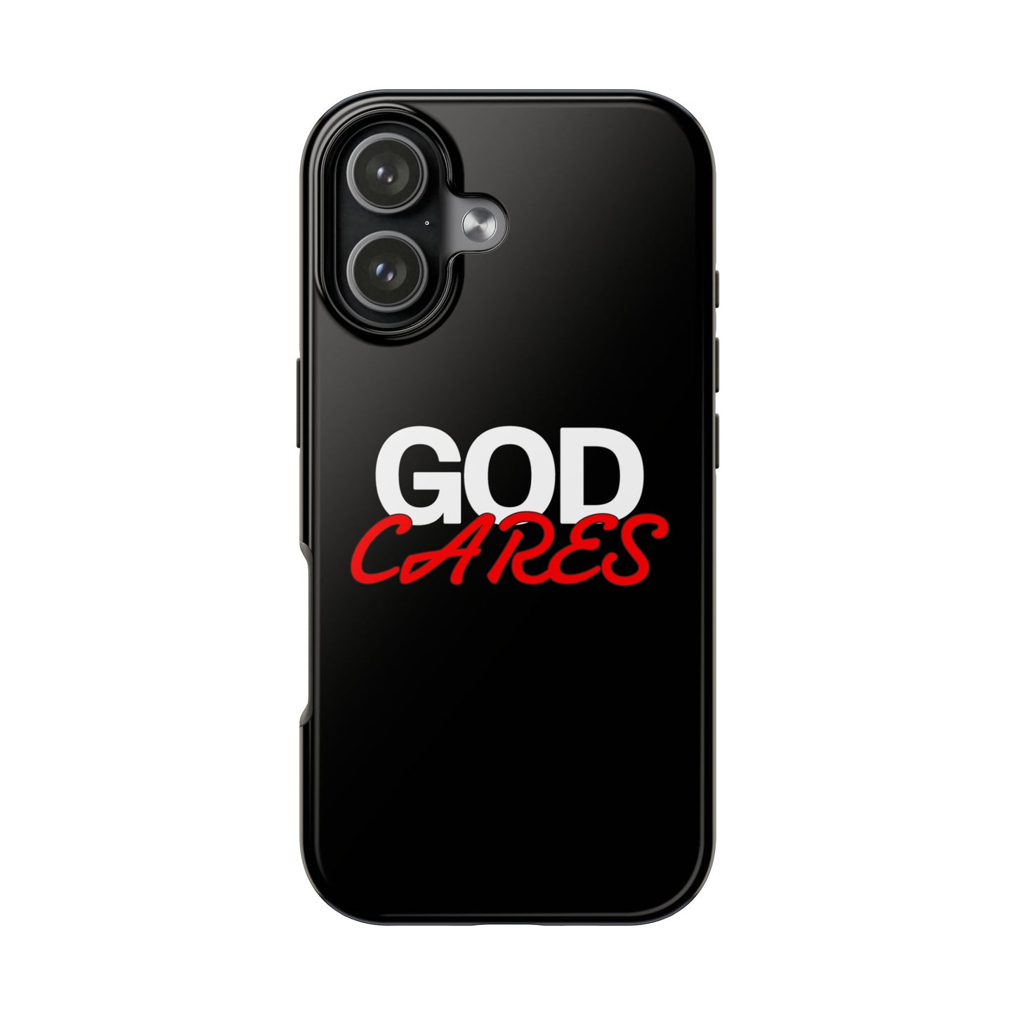God Cares iPhone 14, 15, 16 and 17 Compatible Black Phone Case | Christian Scripture Typography, Black Red Text