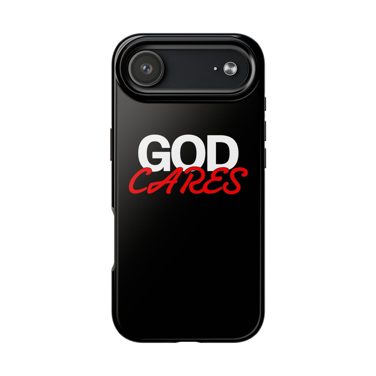 God Cares iPhone 14, 15, 16 and 17 Compatible Black Phone Case | Christian Scripture Typography, Black Red Text