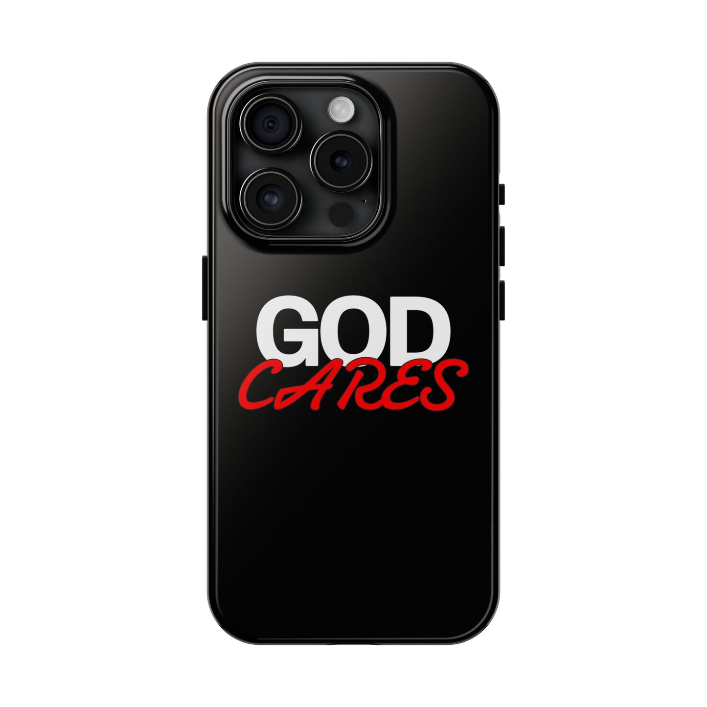 God Cares iPhone 14, 15, 16 and 17 Compatible Black Phone Case | Christian Scripture Typography, Black Red Text