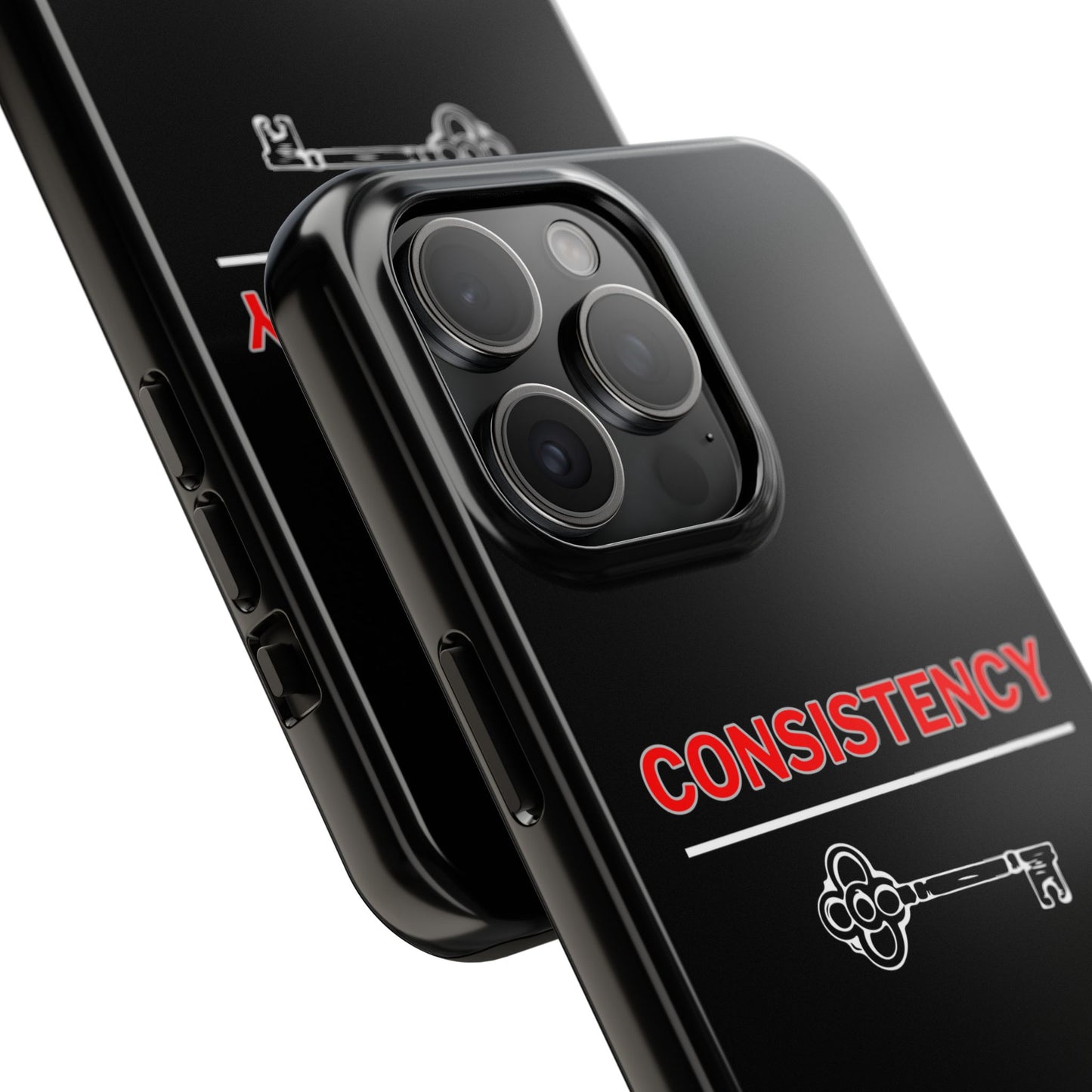 Consistency Key iPhone 14, 15, 16 and 17 Compatible Black Phone Case | Motivational Quote Tough Phone Case