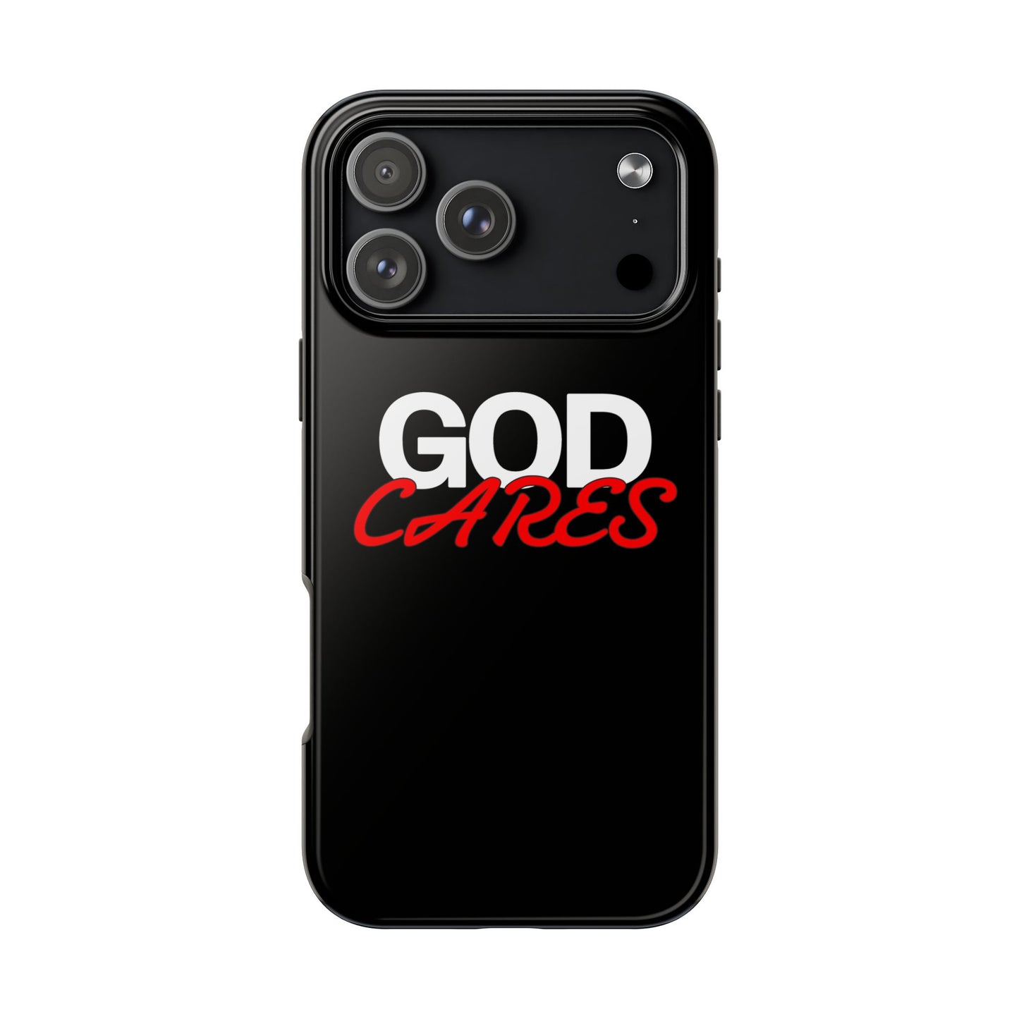 God Cares iPhone 14, 15, 16 and 17 Compatible Black Phone Case | Christian Scripture Typography, Black Red Text