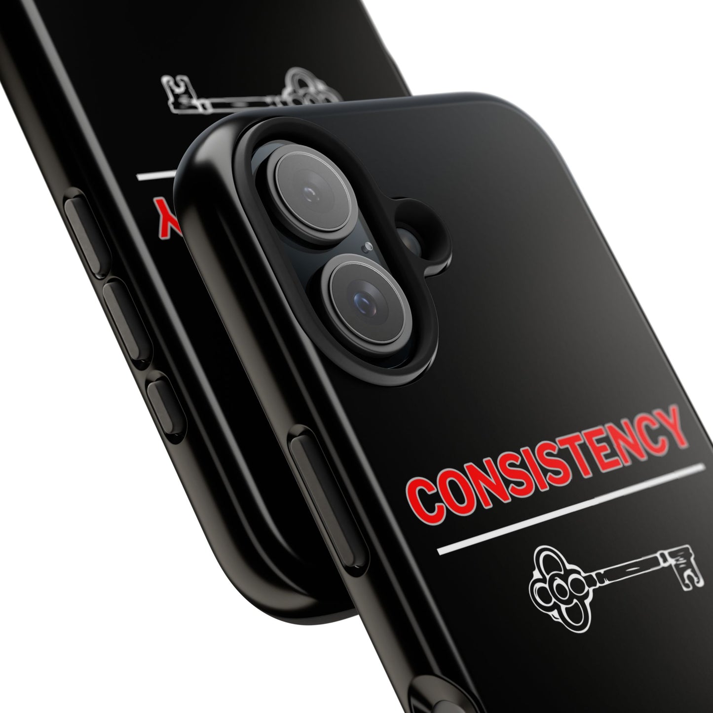 Consistency Key iPhone 14, 15, 16 and 17 Compatible Black Phone Case | Motivational Quote Tough Phone Case