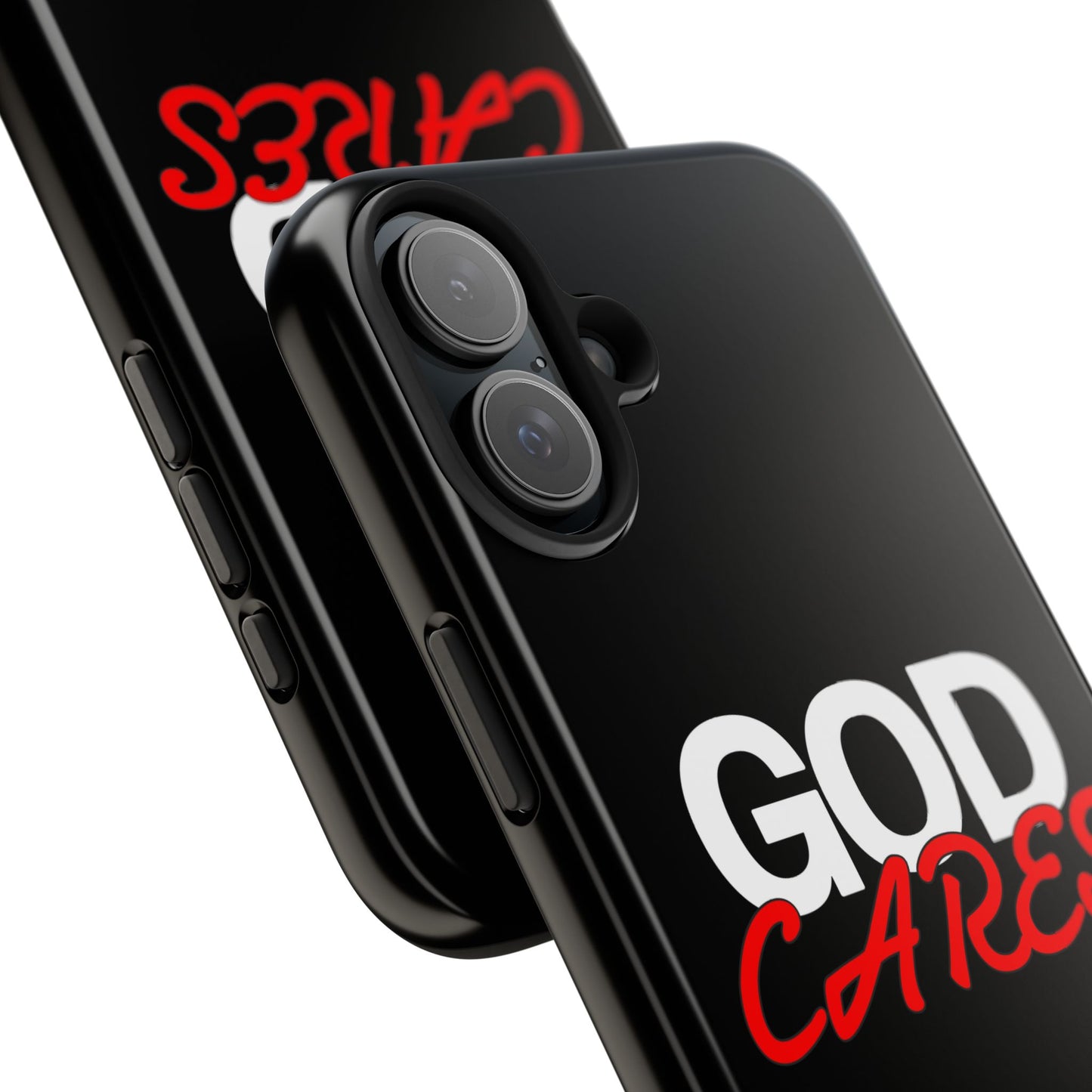 God Cares iPhone 14, 15, 16 and 17 Compatible Black Phone Case | Christian Scripture Typography, Black Red Text