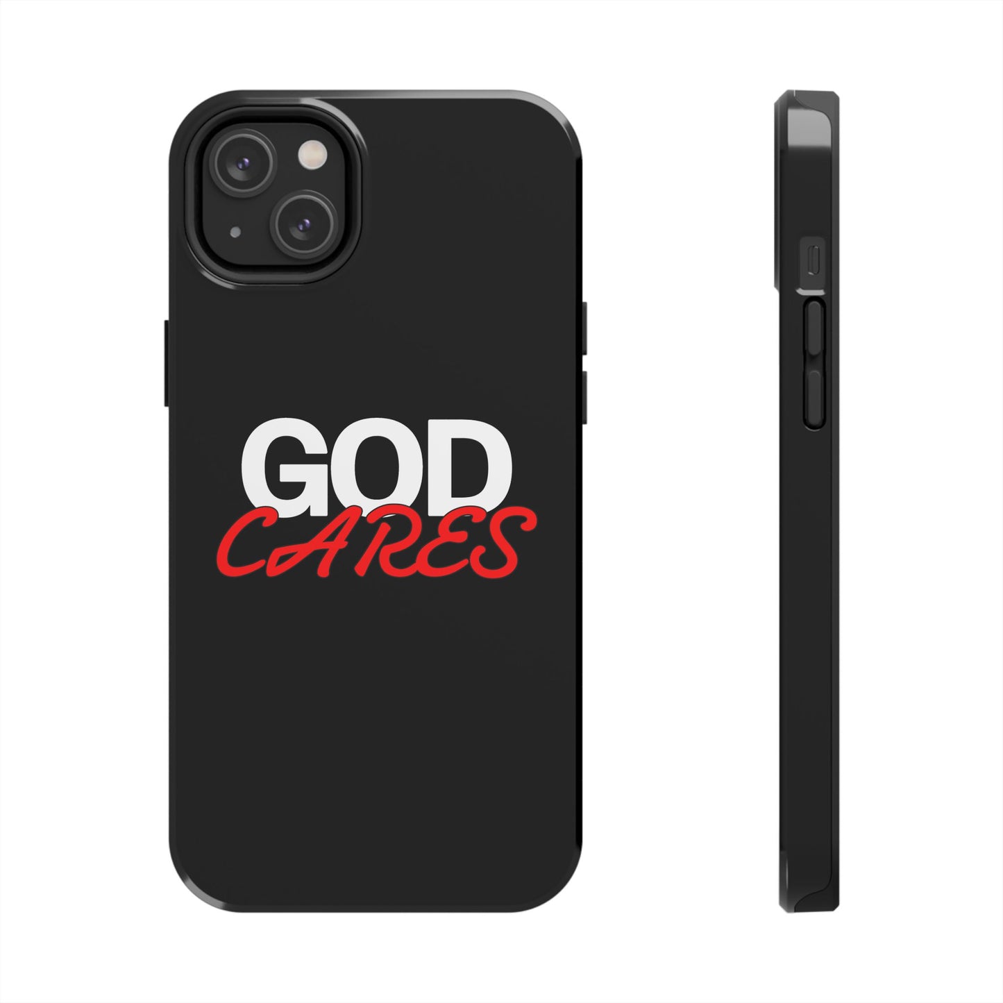 God Cares iPhone 14, 15, 16 and 17 Compatible Black Phone Case | Christian Scripture Typography, Black Red Text