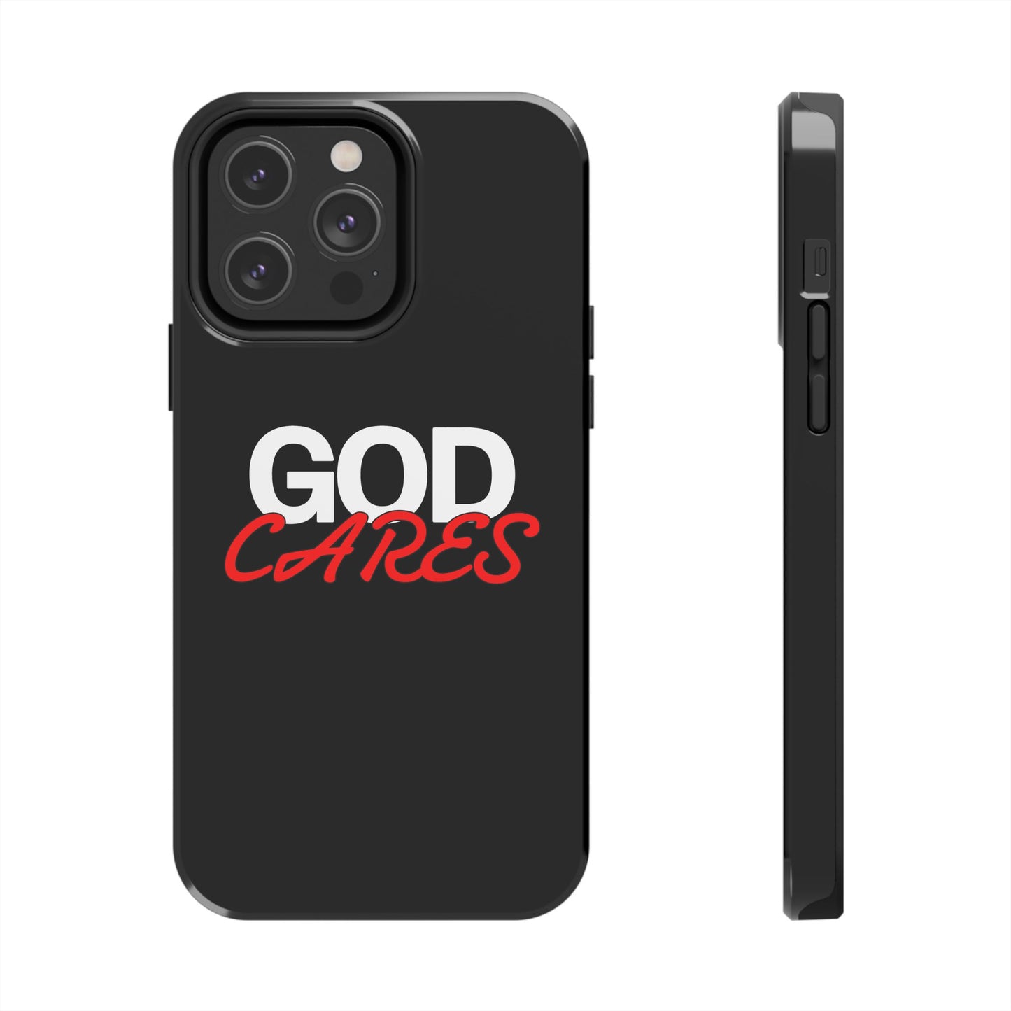 God Cares iPhone 14, 15, 16 and 17 Compatible Black Phone Case | Christian Scripture Typography, Black Red Text