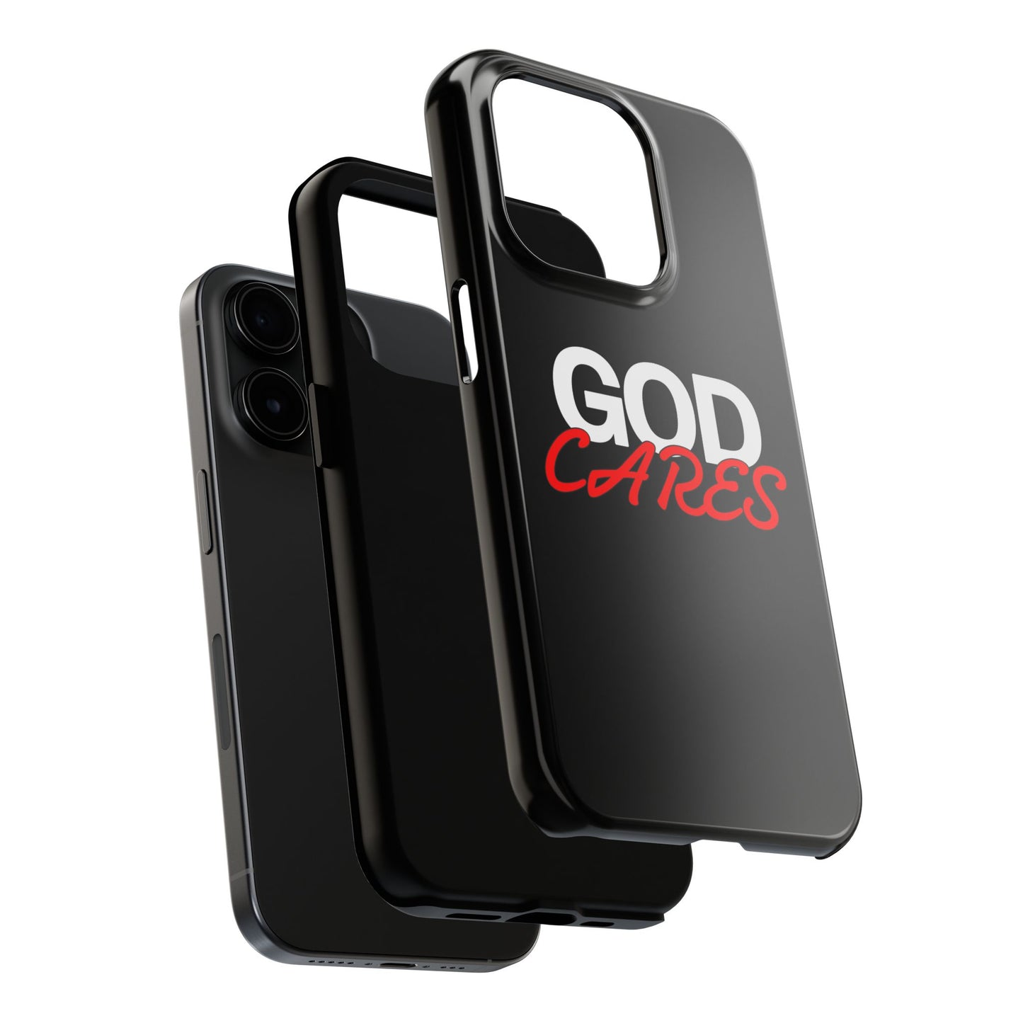 God Cares iPhone 14, 15, 16 and 17 Compatible Black Phone Case | Christian Scripture Typography, Black Red Text