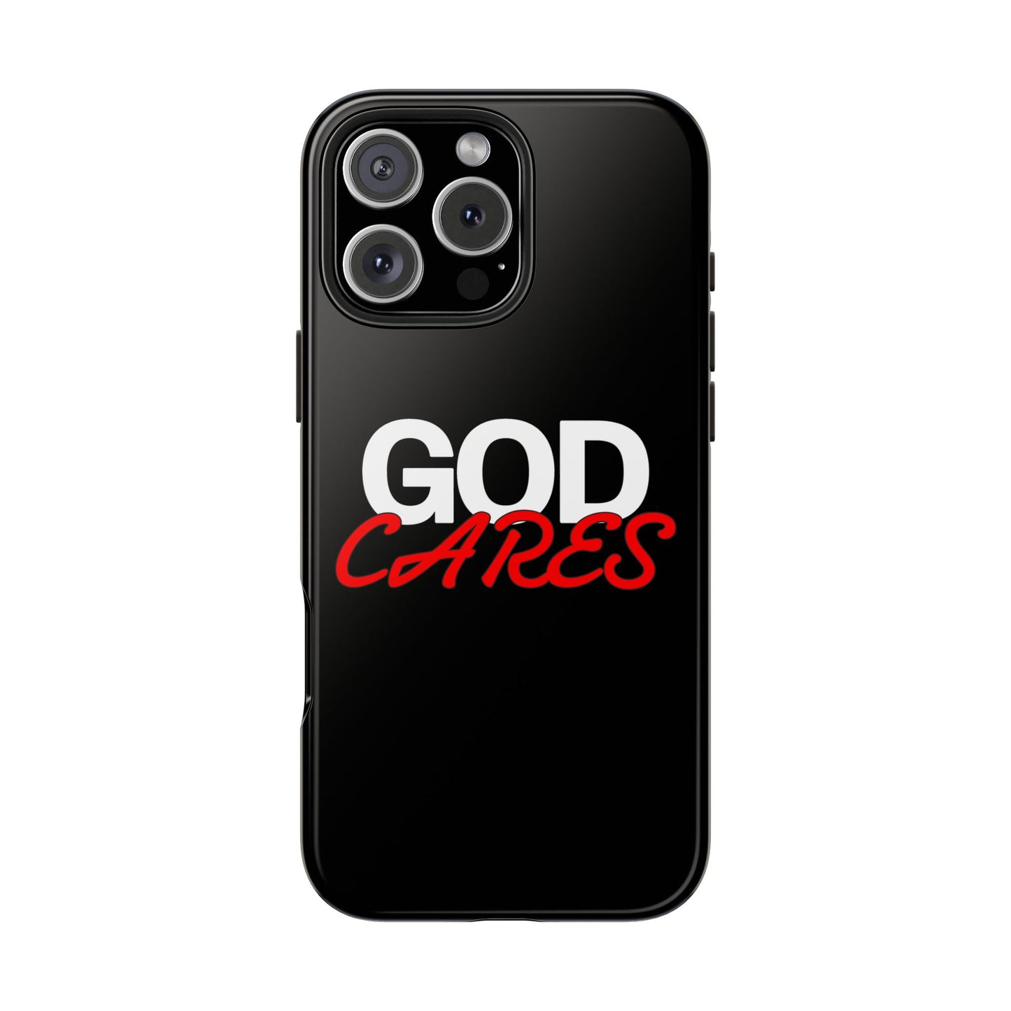 God Cares iPhone 14, 15, 16 and 17 Compatible Black Phone Case | Christian Scripture Typography, Black Red Text