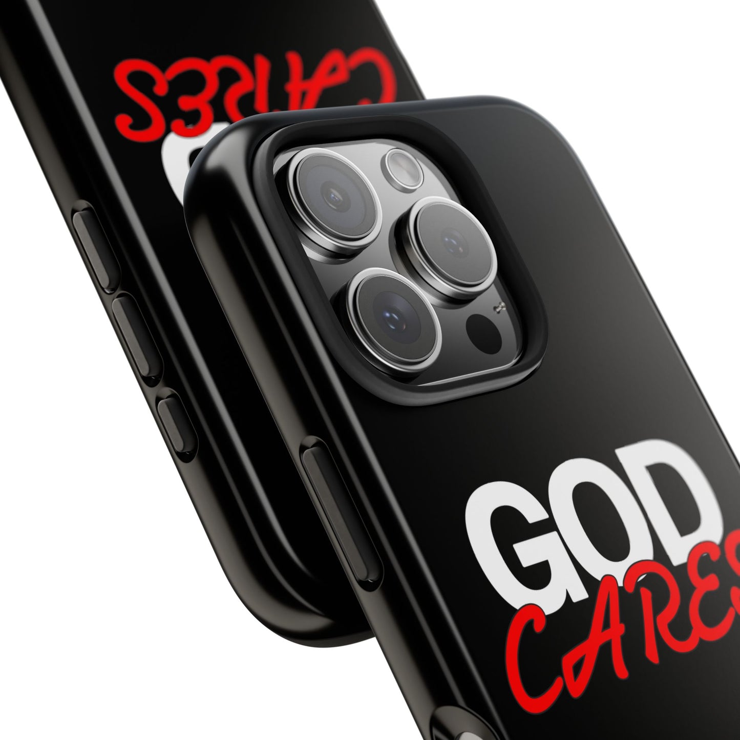 God Cares iPhone 14, 15, 16 and 17 Compatible Black Phone Case | Christian Scripture Typography, Black Red Text