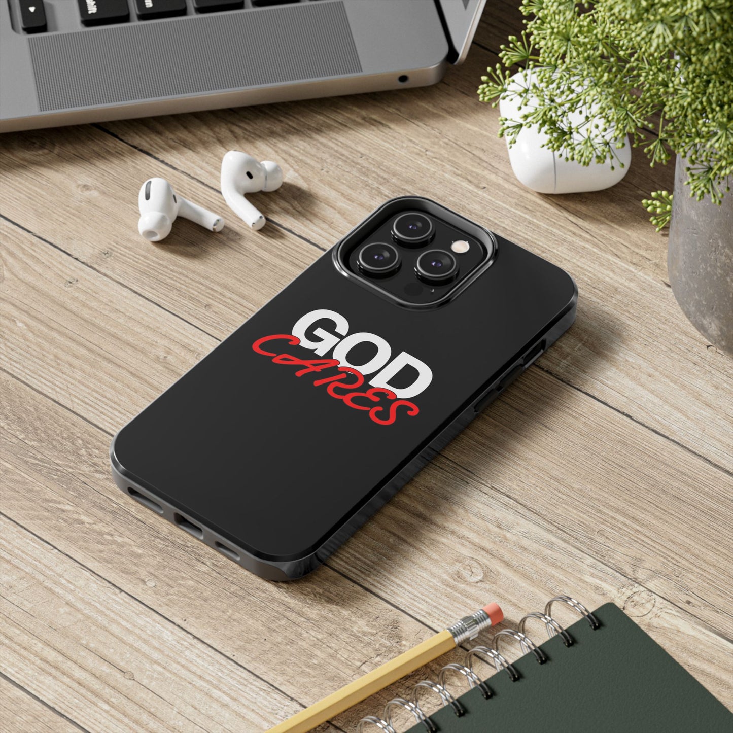 God Cares iPhone 14, 15, 16 and 17 Compatible Black Phone Case | Christian Scripture Typography, Black Red Text