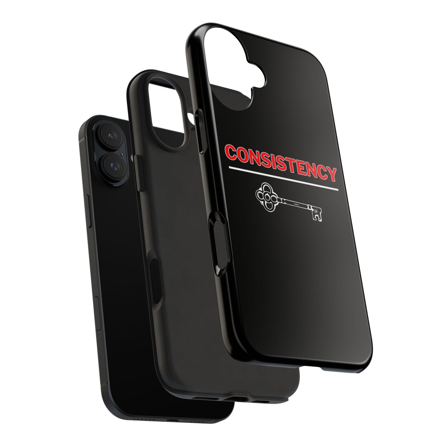 Consistency Key iPhone 14, 15, 16 and 17 Compatible Black Phone Case | Motivational Quote Tough Phone Case