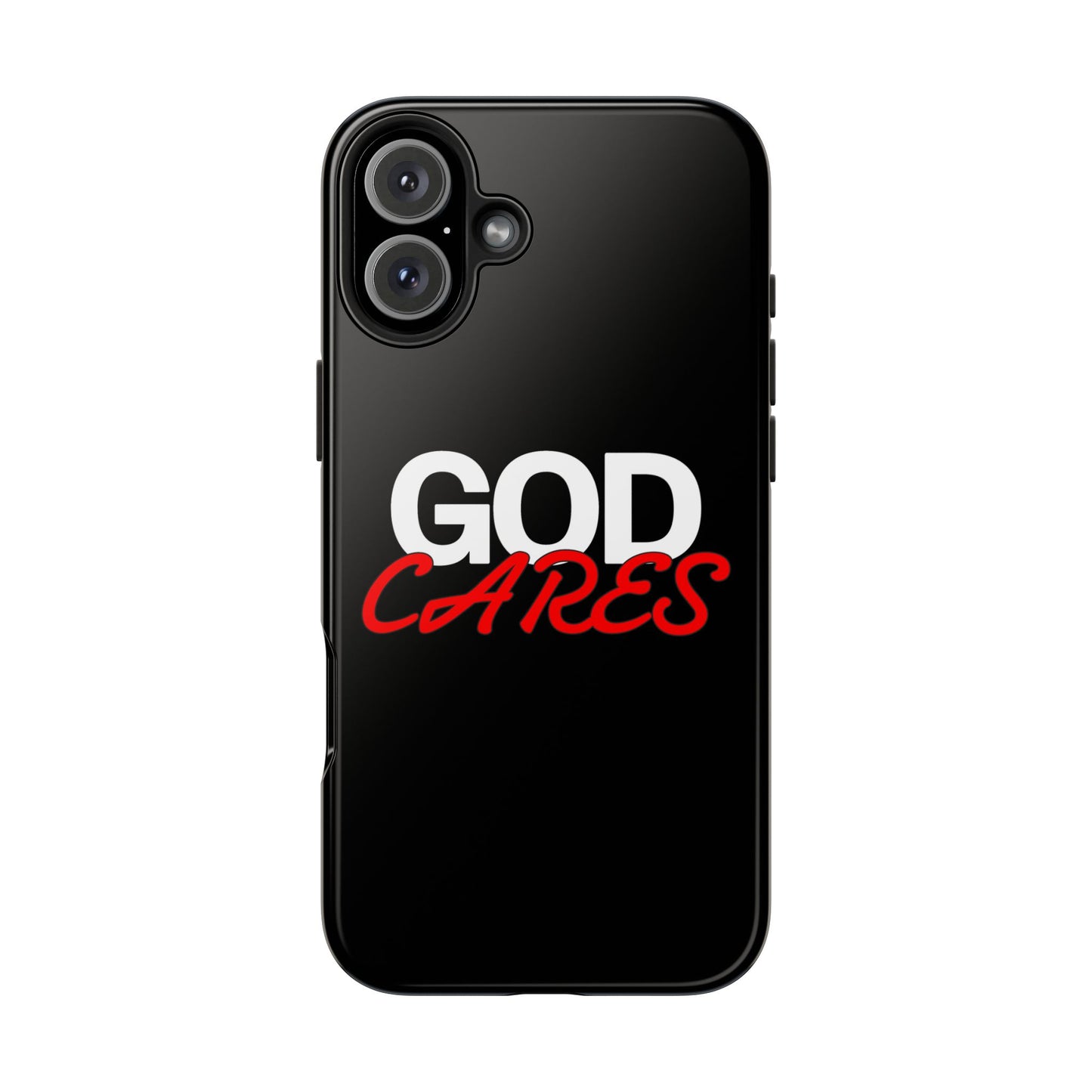 God Cares iPhone 14, 15, 16 and 17 Compatible Black Phone Case | Christian Scripture Typography, Black Red Text