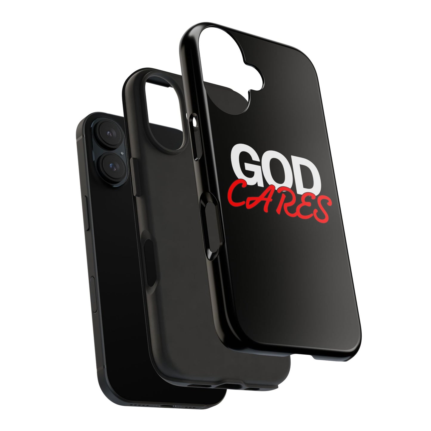 God Cares iPhone 14, 15, 16 and 17 Compatible Black Phone Case | Christian Scripture Typography, Black Red Text