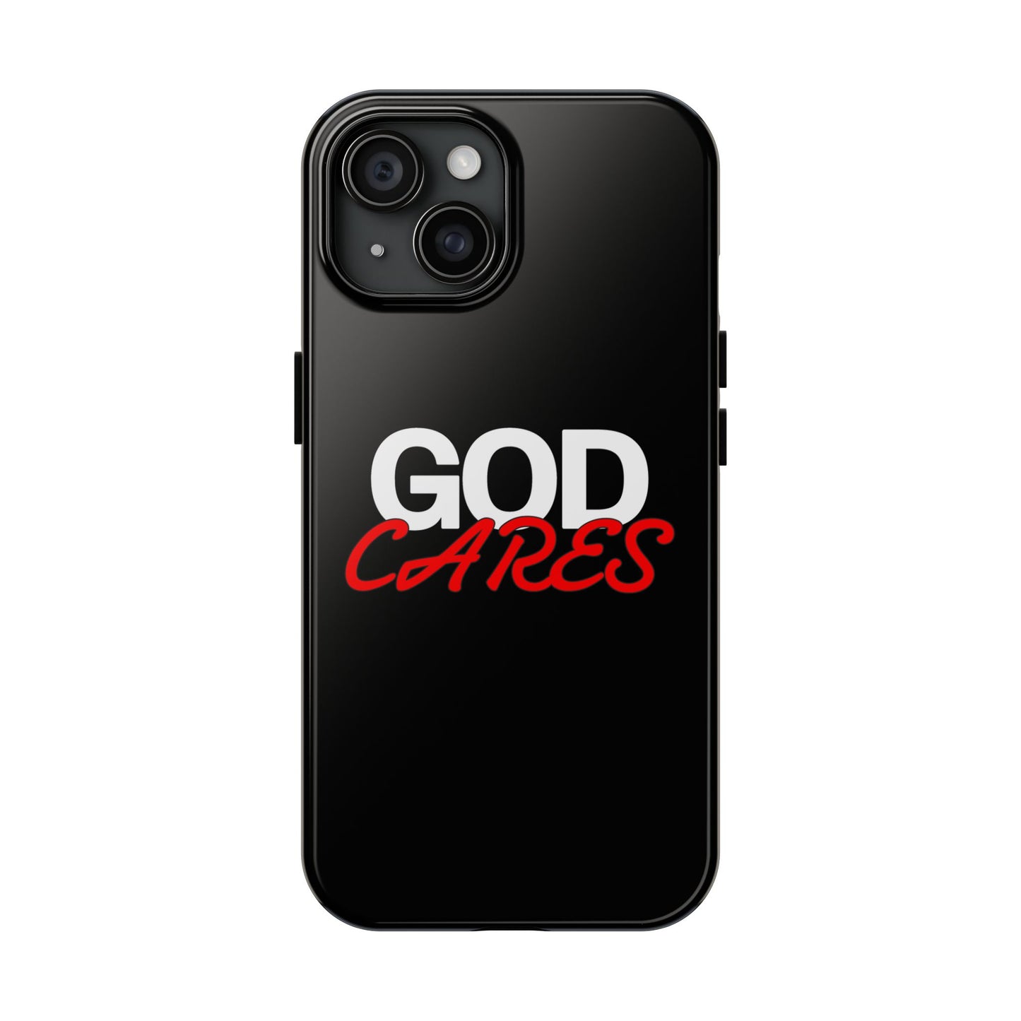 God Cares iPhone 14, 15, 16 and 17 Compatible Black Phone Case | Christian Scripture Typography, Black Red Text